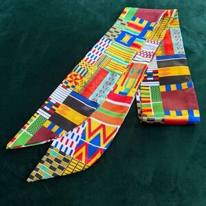Multicolor Kente Print Skinny Scarf Silk Feel Headband Neck Tie